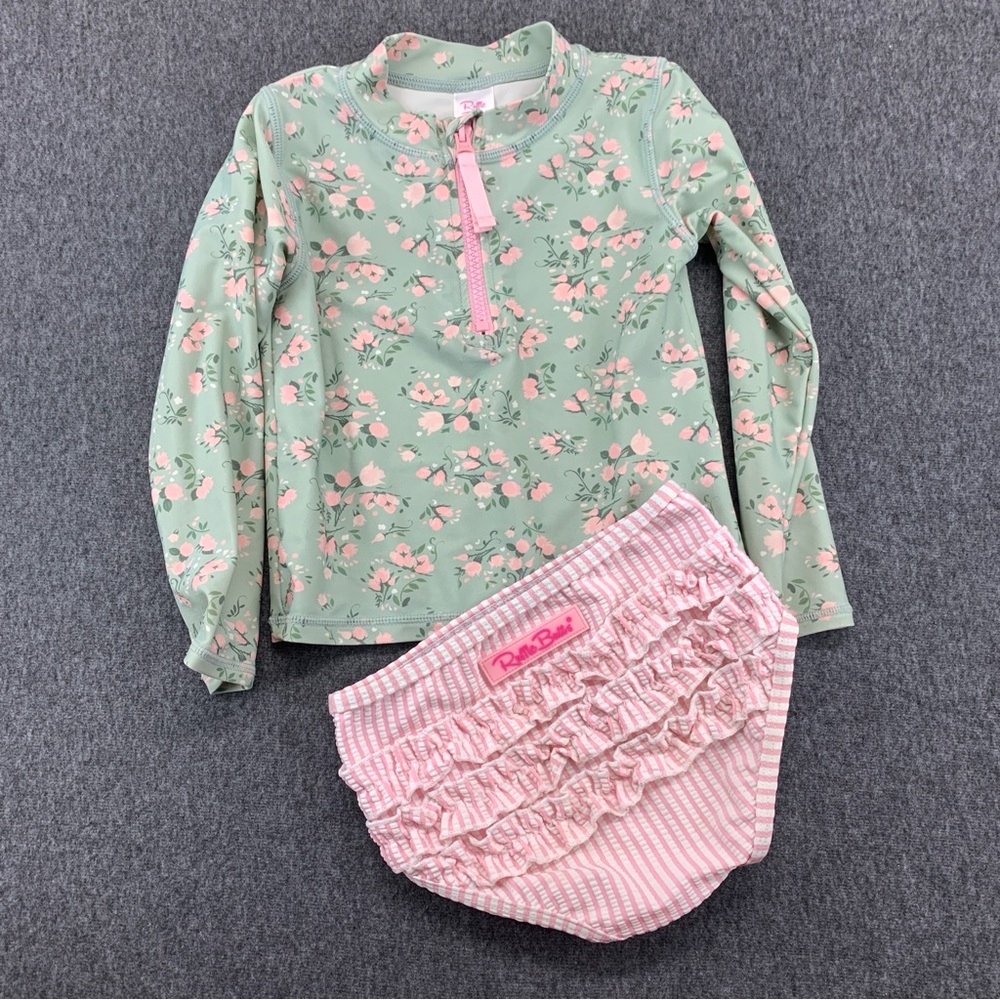 RuffleButts Girls Long Sleeve Zipper Rash Guard 2-Piece Tea Roses Size 4T
